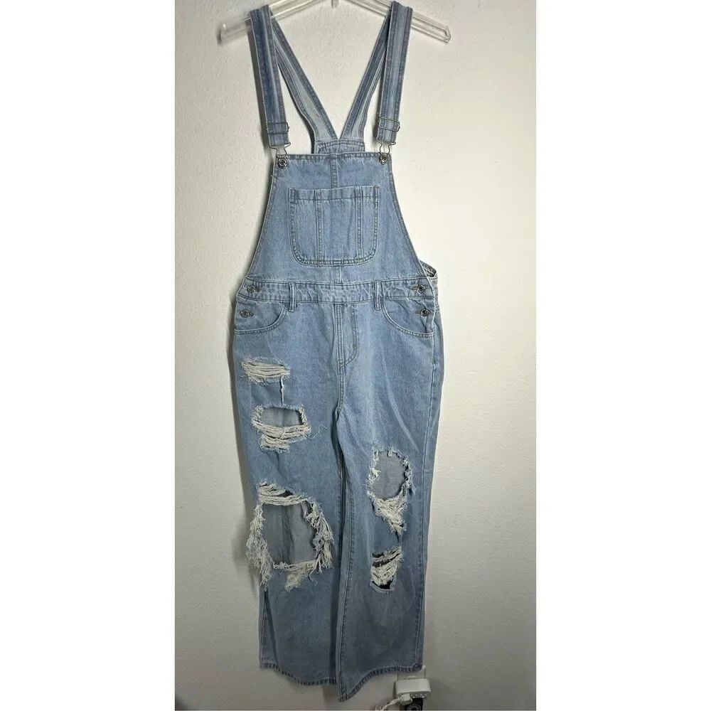 SHEIN Women’s Patched Pocket Ripped Denim Overall Jumpsuit Straight Leg Size 8/1